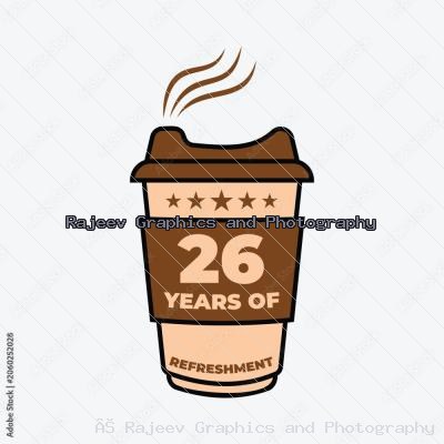 26 Years Of Refreshment Coffee Cup Badge Vector Illustration