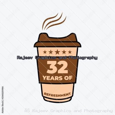 32 Years Of Refreshment Coffee Cup Badge Vector Illustration