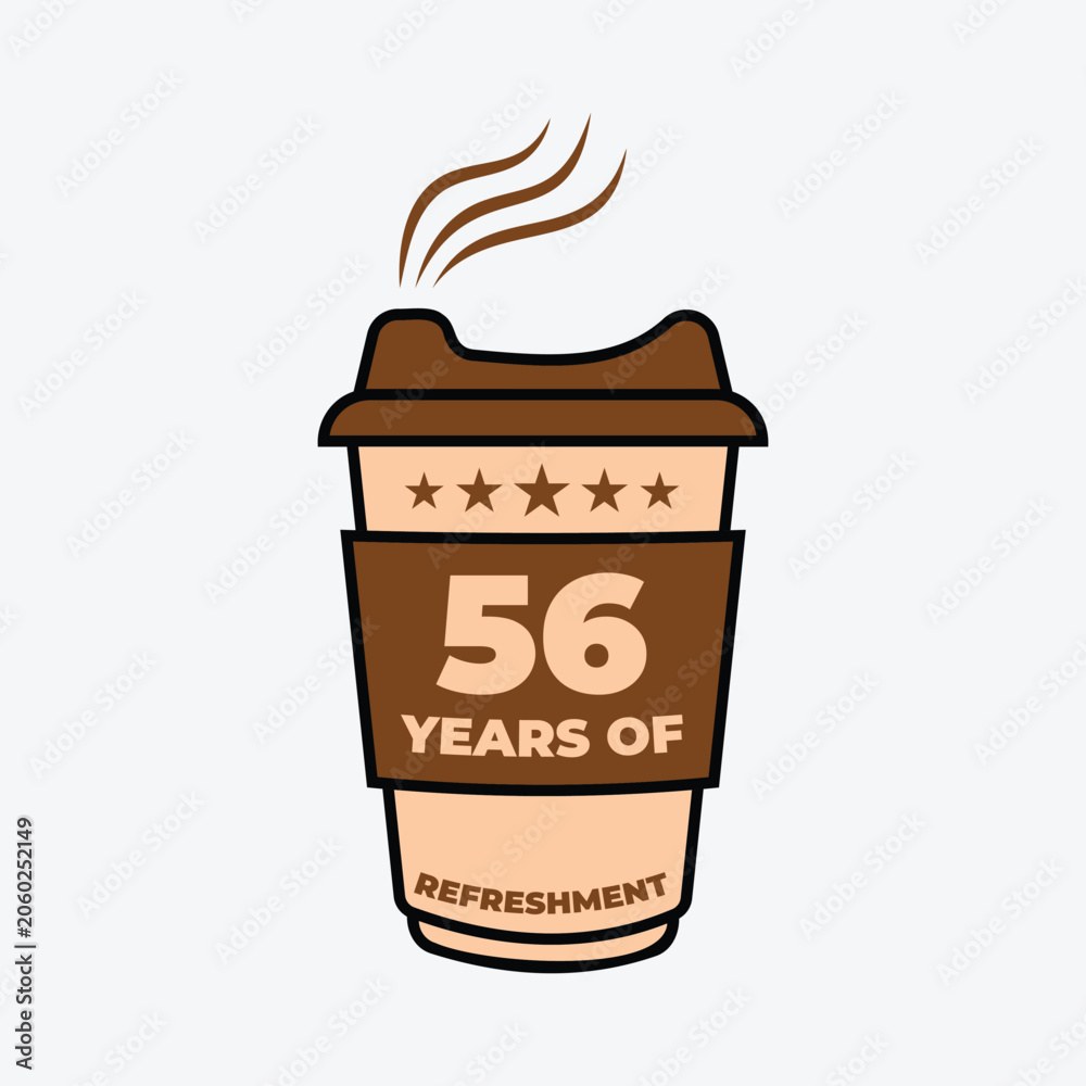56 Years Of Refreshment Coffee Cup Badge Vector Illustration