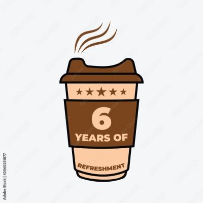6 Years Of Refreshment Coffee Cup Badge Vector Illustration - find similar on Dreamstime