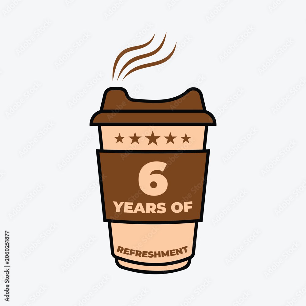 6 Years Of Refreshment Coffee Cup Badge Vector Illustration