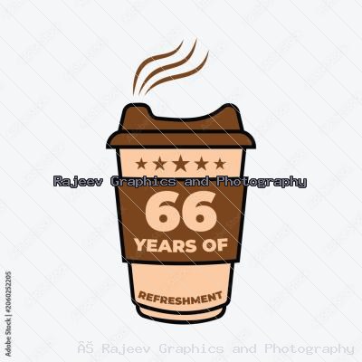 66 Years Of Refreshment Coffee Cup Badge Vector Illustration