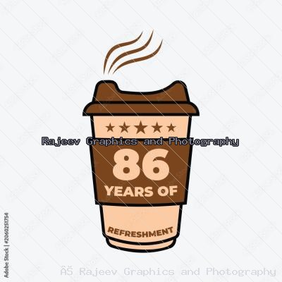 86 Years Of Refreshment Coffee Cup Badge Vector Illustration