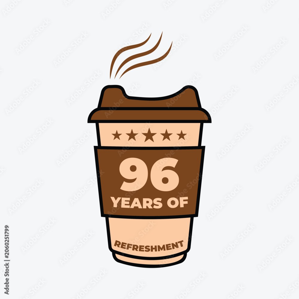 96 Years Of Refreshment Coffee Cup Badge Vector Illustration