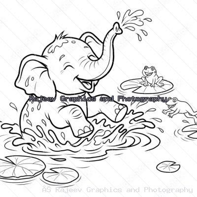 Baby Elephant And Frogs Playing In Water Cute Kids Coloring Page