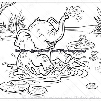 Baby Elephant Pond Scene Coloring Page