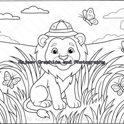 Cute Lion Safari Hat Butterflies Coloring Page