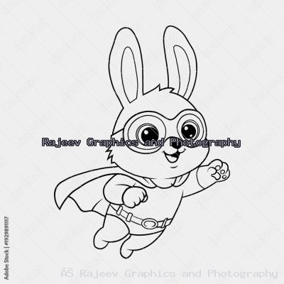 Cute Superhero Bunny Flying In Cape And Goggles Vector Line Art Coloring Page For Kids