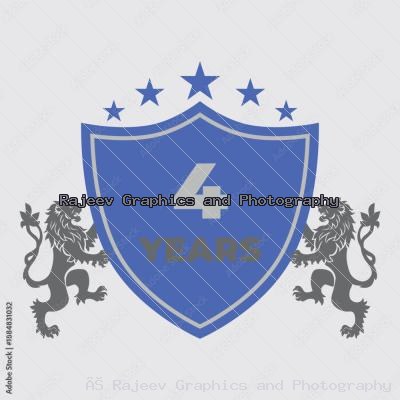 Four Years Anniversary Shield Badge With Lions And Stars Blue Heraldic Vector Icon