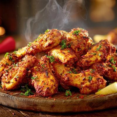 Fresh Hot Cajun Spiced Chicken Wings on Rustic Platter with Fire Glow