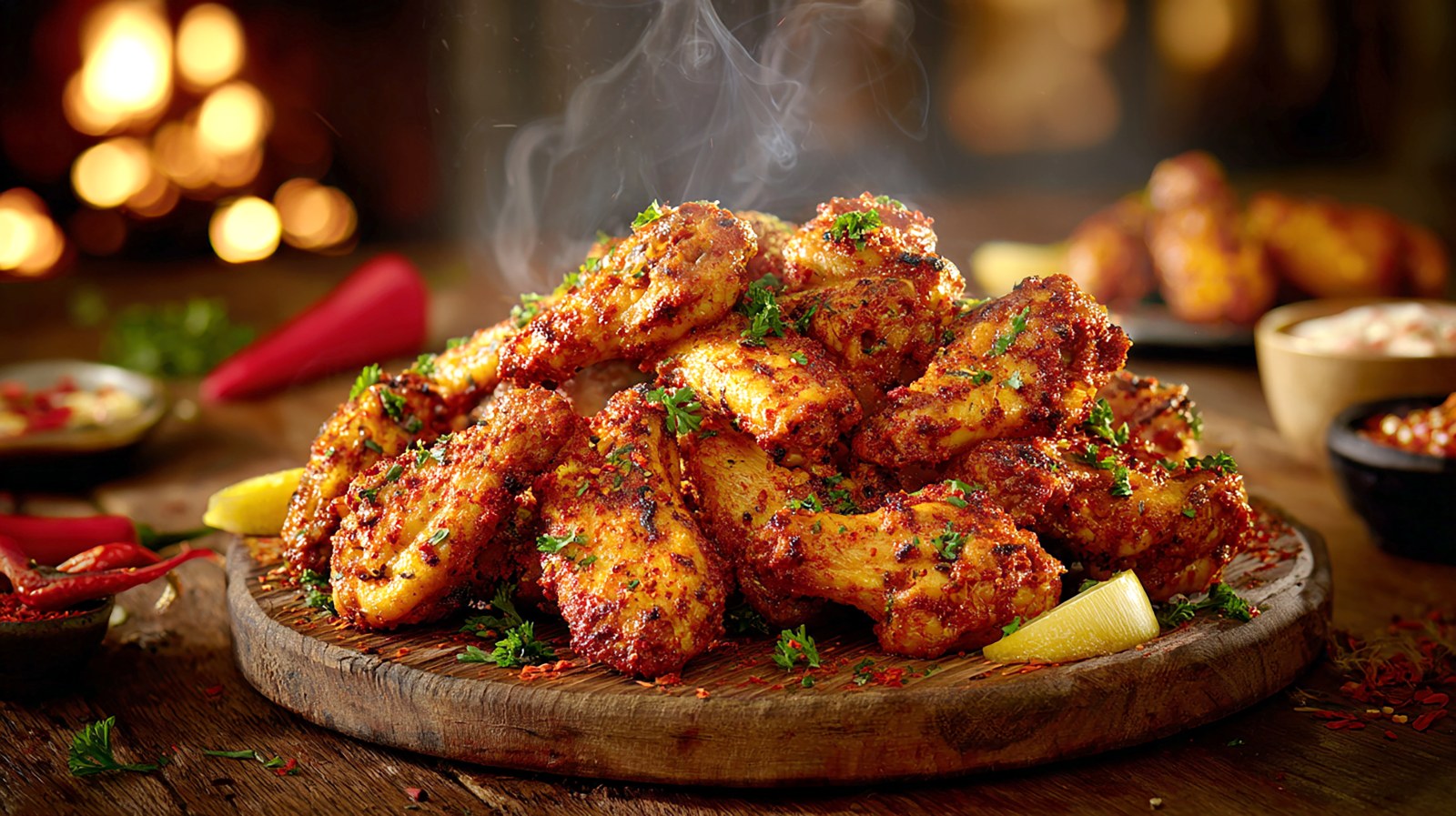 Platter of piping hot, crispy roasted Cajun chicken wings seasoned with cayenne spice blend, garnished with fresh chopped herbs and lemon wedges, with cozy warm fireplace bokeh in the backdrop.