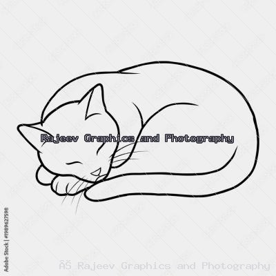 Minimalist Black And White Line Art Illustration Of A Peaceful Sleeping Cat