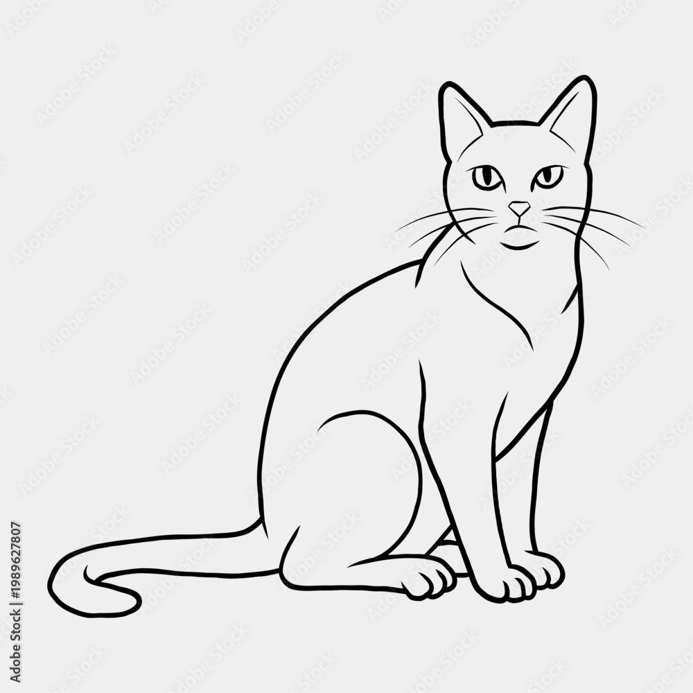 Minimalist Black And White Line Art Illustration Of A Sitting Domestic Cat