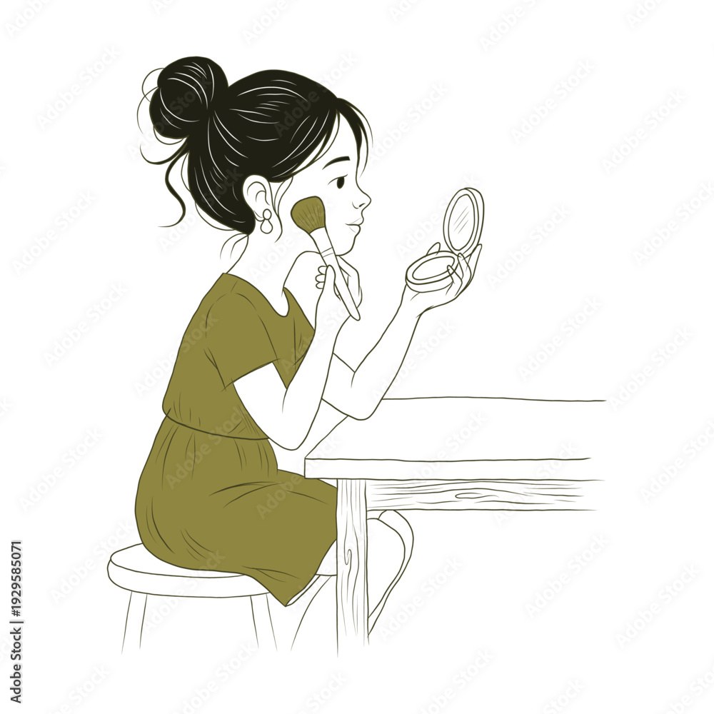 Minimalist Line Art Illustration Of A Young Woman Applying Makeup With A Brush While Looking Into A Compact Mirror Gold On Black Background