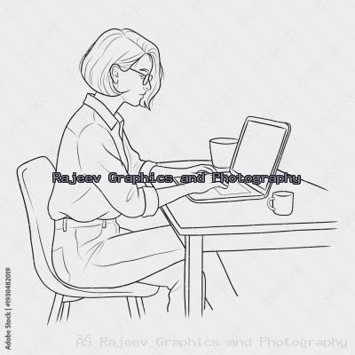 Minimalist Line Art Illustration Of A Young Woman Working On A Laptop At A Desk