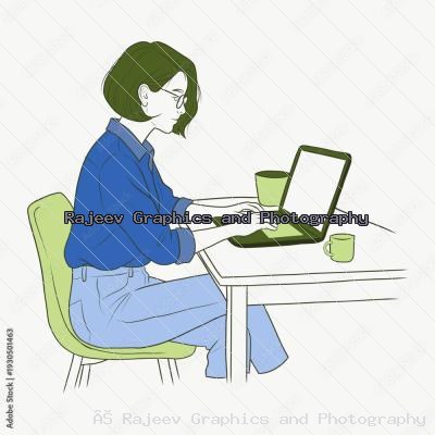Modern Minimalist Illustration Of A Woman Working On A Laptop At A Desk