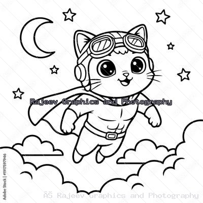 Preschool Animal Coloring Sheet Supercat Flying In Night Sky Illustration