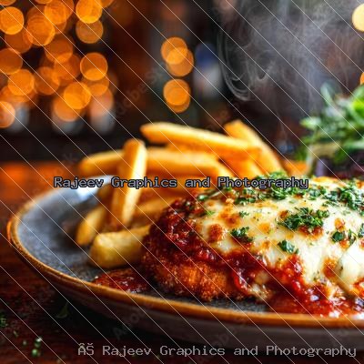 Steaming Hot Chicken Parma With Cheese And Fries On Dark Plate With String Lights Bokeh