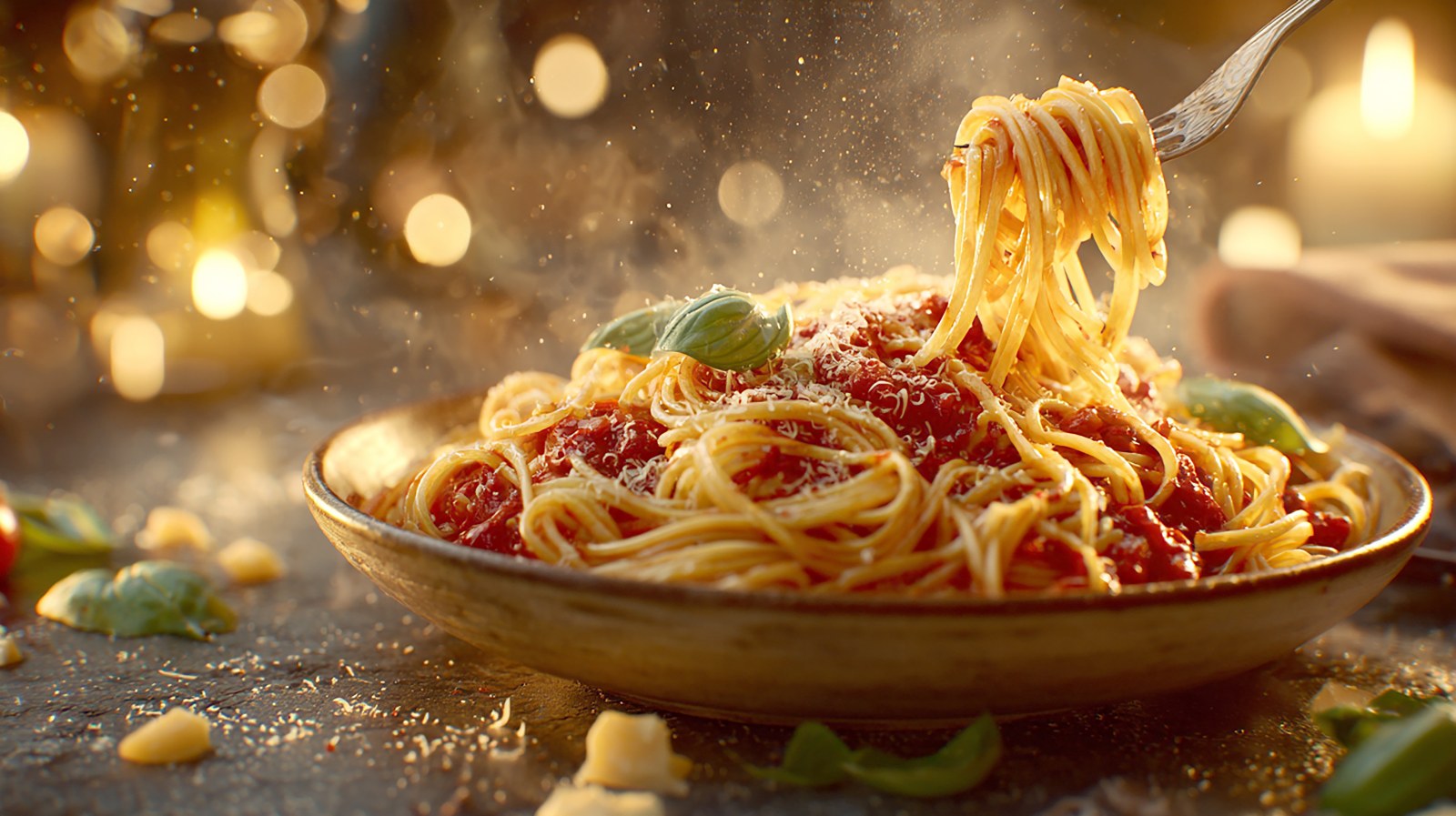 Freshly cooked spaghetti pasta served in a rustic bowl with rich tomato Bolognese sauce, melted grated parmesan cheese, and fresh basil leaves, lifted on a fork amid warm candlelight bokeh and steam.