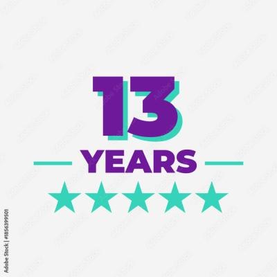 Thirteen Years Anniversary Badge With Five Stars Purple And Teal Modern Vector Icon