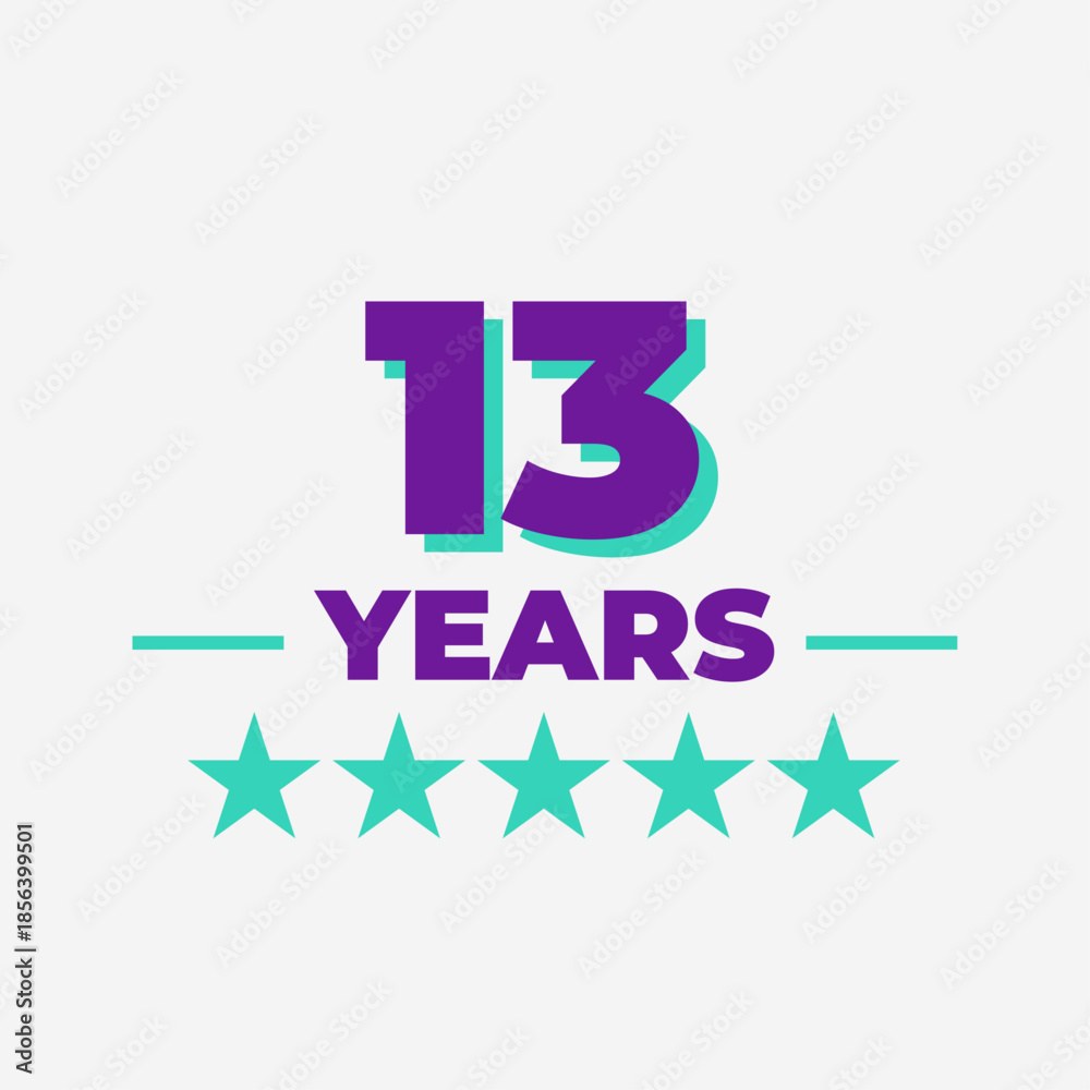 Thirteen Years Anniversary Badge With Five Stars Purple And Teal Modern Vector Icon