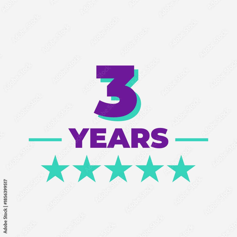 Three Years Anniversary Badge With Five Stars Purple And Teal Modern Vector Icon