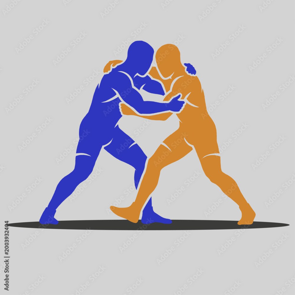 Two Wrestlers Grappling Silhouette Vector Icon Blue And Orange On Gray Background
