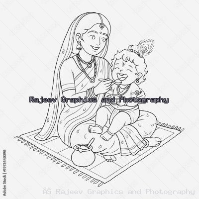 Yashoda Feeding Baby Krishna Line Art Illustration Indian Coloring Page Vector